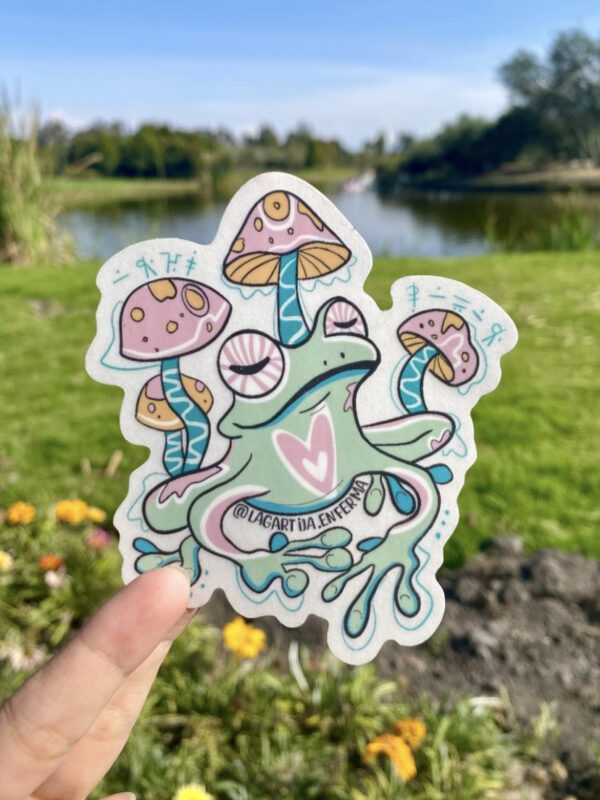 Sticker "La rana y los hongos" (alta resistencia)